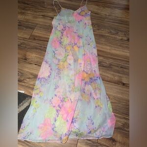 Vintage 1970s Olga sheer multicolor pastel floral nightgown. Size 36.